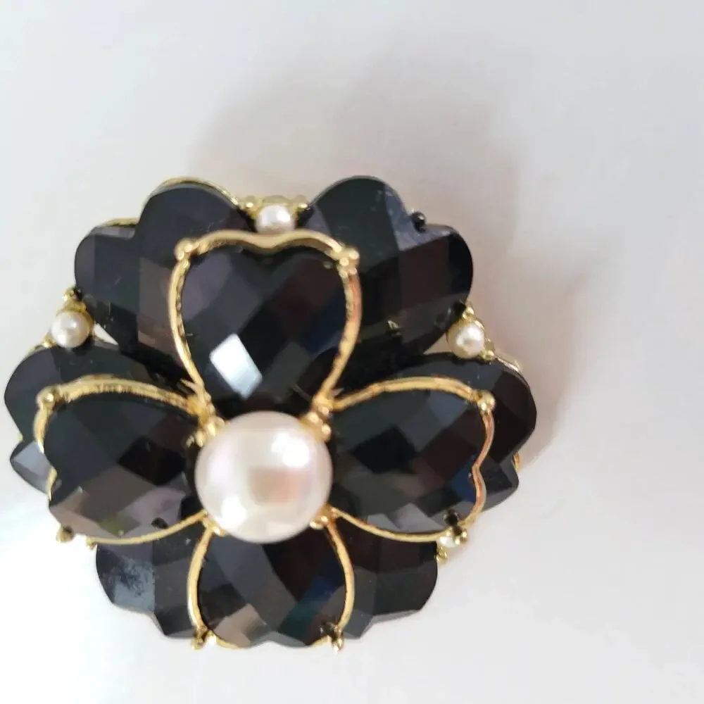 Vintage Brooch Black Shamrock Stacked Onyx Style Zircons Faux Pearl Gold Tone